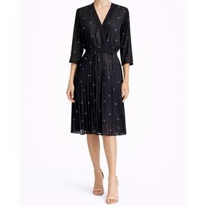 Maje Paris Black Pleated Midi Dress Sheer Sleeve French Designer Cocktail 4‎
